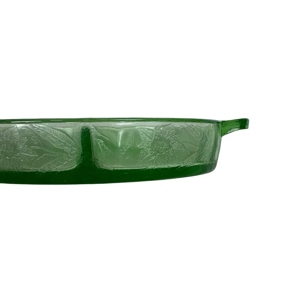 Jeanette Glass Poinsettia Green Uranium Depression Glass Divided Relish Dish